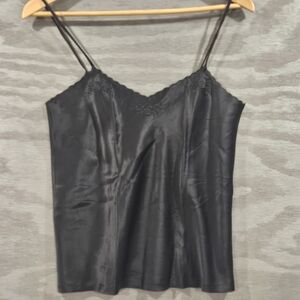 Tracy SZ S Black 100% Silk Spaghetti Strap Embroidered Flowers Sexy Camisole Top